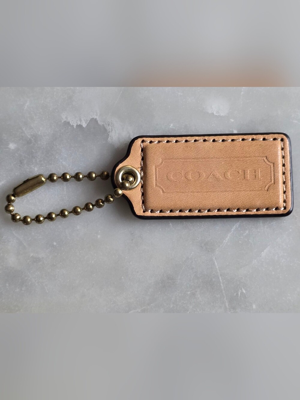 Vintage Coach Tan Leather Hangtag W/ Brass Ball Chain